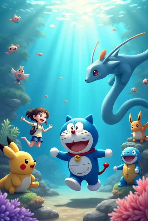 Girl doremon with Pokemon in the sea 