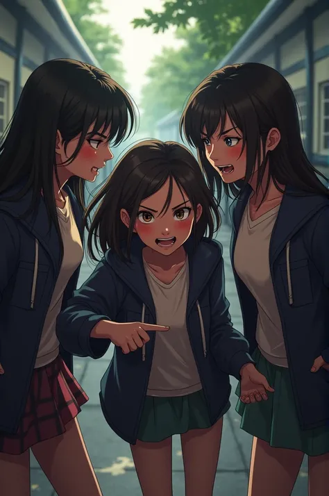 Bully girls pointing and mocking, with mocking and evil smiles