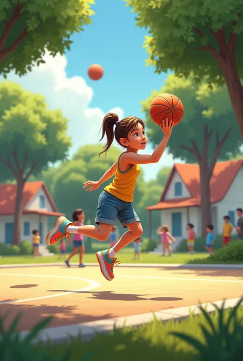 A  playing basketball in a park near her house 
