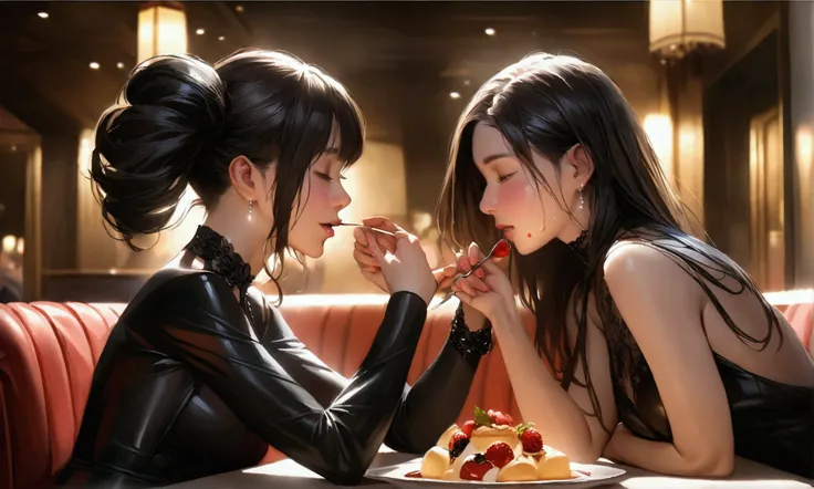 a woman with long black hair wearing a red and black bodysuit, a woman with dyed hair in pigtails wearing a red and black outfit, both women are sitting at a table in an elegant restaurant, feeding each other dessert, sensual expressions on their faces, so...