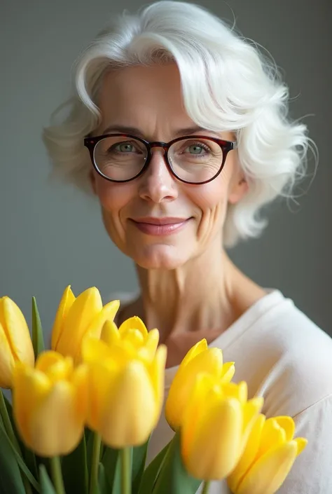 Women, short wavy hair, White hair, lilac eyes, glasses, holding a bouquet of yellow tulips, blush