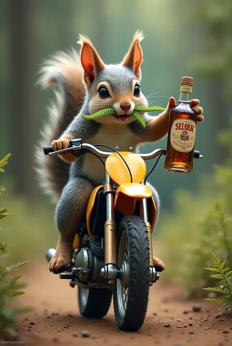 A gray squirrel rides a dirt bike, holding a bottle of liquor and a fern leaf in its mouth. 