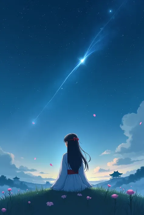 Generate an Asian girl with long, loose hair and a red headband, and white Shinto shrine maiden outfit sitting on top of a hill looking up at a starry sky with a shooting star. 