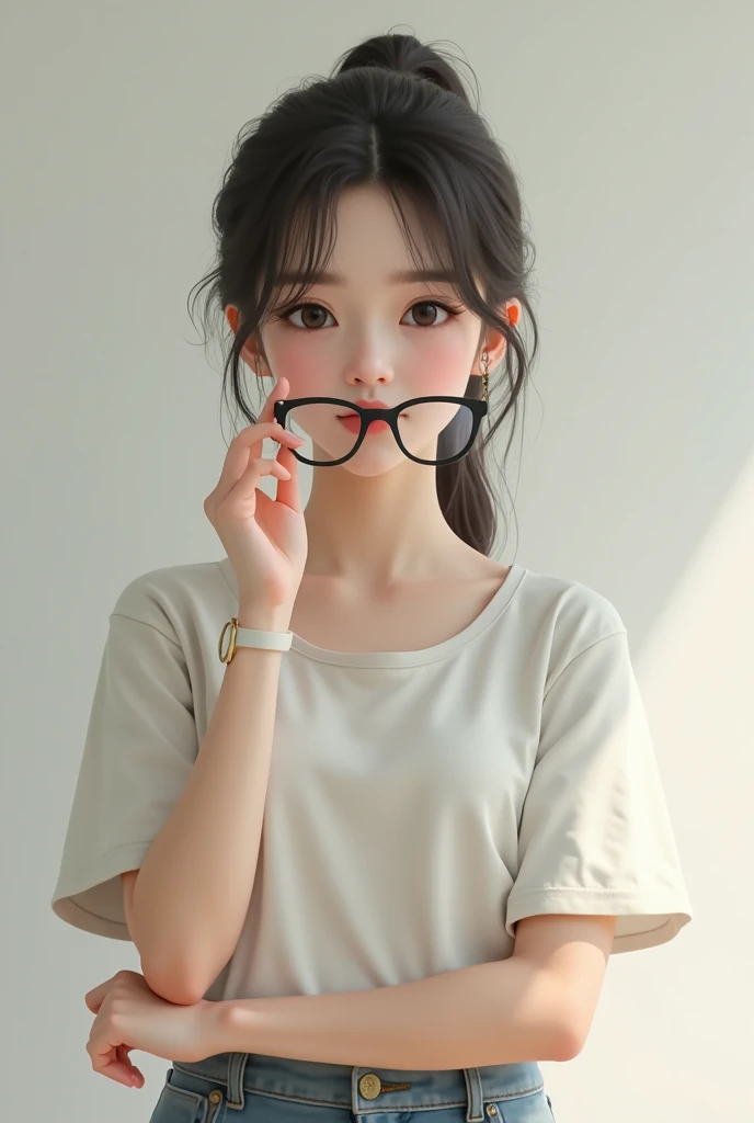 A girl is standing wearing glasses And she is holding the glasses with her hand