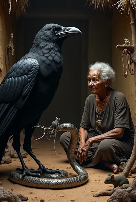 Un corbeau et un serpent une souris une araignée une vieille femme africaine Une case africaine gecko 