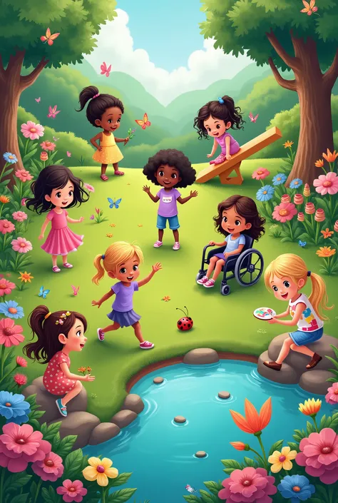 In a colorful garden, several girls play happily. A fair-skinned girl, long straight hair, runs in a pink dress chasing butterflies. Another dark skinned one, with short curly hair, Pick flowers in yellow dress. The indigenous girl, with straight black hai...