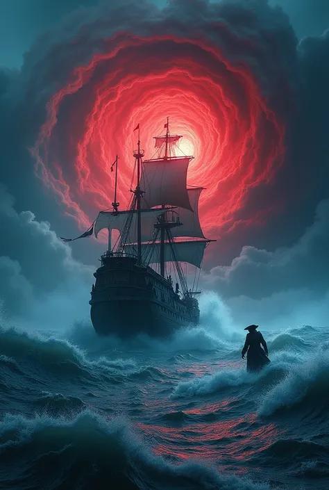 Create an ultra-realistic image of a scary red Hurricane, sucking a pirate ship in blue color with a pirate inside scared