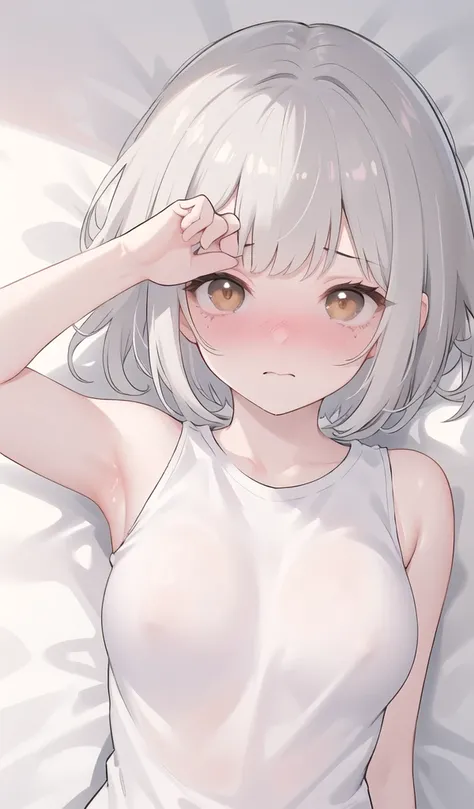 (hd model) (masterpiece),(best quality), 1girl, scared to sleep alone, solo, looking at viewer, very short hair, silver hair,(brown eyes) (embarrassed,shame:1.3), wears (Oversized T-shirt) (Sleeveless)  from above.