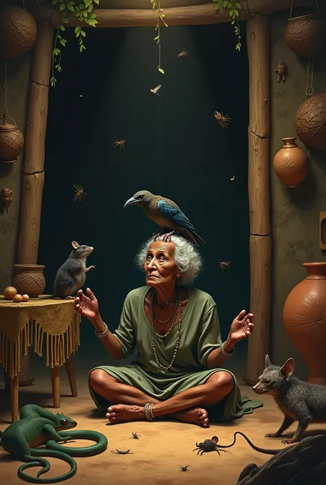 A crow and a snake a mouse a dog a spider an old African woman An African hut gecko 