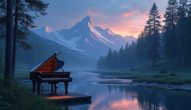 "A black grand piano placed on a wooden platform by a serene riverbank, surrounded by a lush green meadow and tall pine trees. In the background, a mountain range is visible under a beautiful twilight sky filled with stars and a soft glowing sunset. The sc...