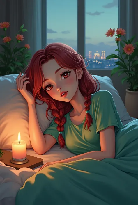 An anime drawing of a beautiful, stunning and sexy woman with reddish braided hair. colorful lighting, beautifully detailed eyes, closed eyes, long eyelashes, beautifully detailed lips, brown hair, sleeping girl, closed voice. dreamy atmosphere, soft pillo...