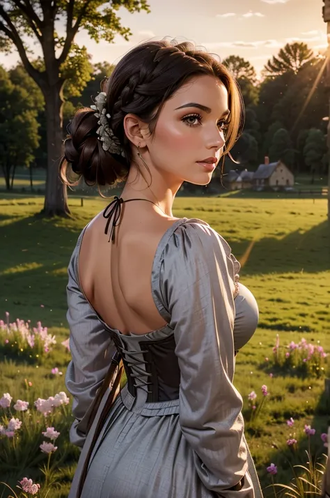 Gorgeous and sultry busty athletic (thin) brunette peasant with sharp facial features wearing a modest updo, medieval hair cover, rough-spun grey and brown medieval dress, long sleeves, wide neck, long dress, tight bodice, corset, Middle Ages, cottage, far...