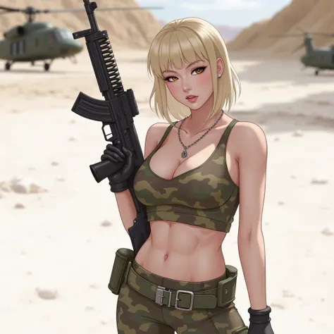 Blonde, straight, A loose-fitting camouflage crop top and pants, military style, Tactical Belt Black Gloves, Light background with a rifle, Blurred helicopter, Barren Landscape Bright, Natural Light, Soft shadows, confident and focused poses, Standing, Sho...