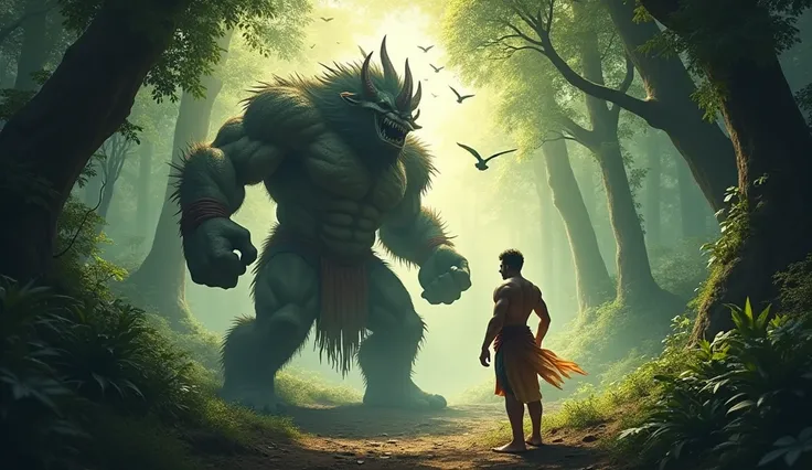 A highly detailed scene in a dense, mysterious forest with towering trees and thick foliage. In the center of the image, Bakasura, a huge, intimidating demon from the Mahabharata, is laughing bhemma muscled man , saying, Im hungry too, but you arrived late...