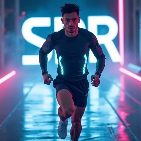 In this image, a man is seen wearing a modern sports outfit that features LED lights on the sides. He is seen running in a neon-lit area with a logo. "SPR" Large, glowing figure behind him. This man looks determined and has high energy, symbolizing fast mo...