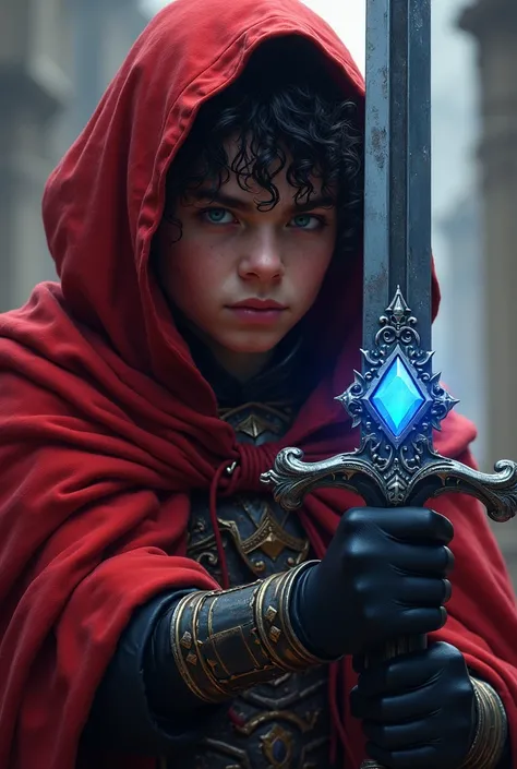 A young dark king,  curly haired with a red hood and with a sword, with a blue diamond on its handle 