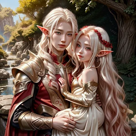 close up shot of an English woman with long wavy bright red hair posing with a cute baby faced Korean guy with shoulder length platinum white blonde hair, photoshopped image, bright, HD, detailed outfit, professional photography, small earrings, unique fan...