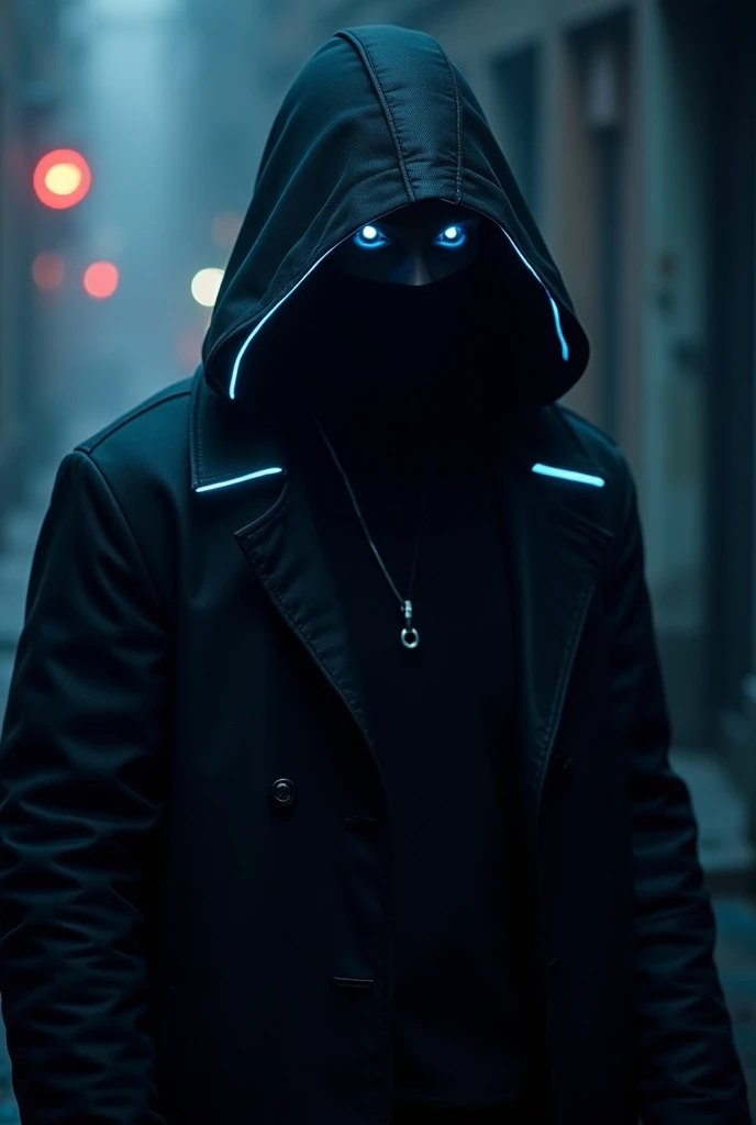 A hacker with blue eyes hiding in a black coat glowing blue eyes make his coat edges with white line