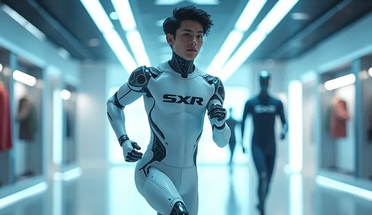 (photorealism:1.2): A realistic, handsome young K-pop idol-looking artificial intelligence with the LED SXR logo and full body runs in the air. A male mannequin displays the sports shops SXR logo on the background and is wearing a gym SXR logo. The environ...