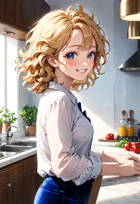 70-year-old Woman Wrinkled skin Blond curly hair Blue velvet pants White shirt Kitchen Side view Smile