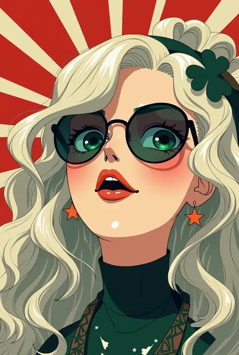 White hair, curly hair, long hair, hair spread out, sunglasses, clover hair ornament, star-shaped pupils, green eyes, earrings, smile, anime, American propaganda poster, Suprematism, cinematic lighting