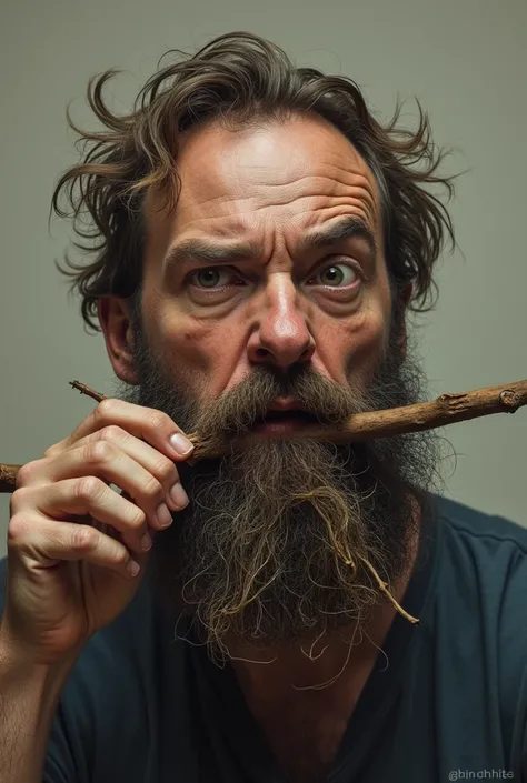 A man with a twig stuck in his beard looks anxious as he touches it. Fear and unease are