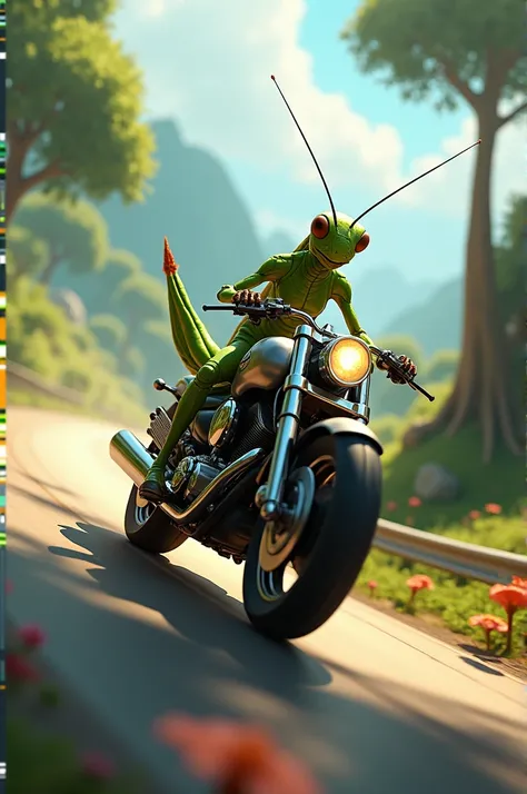 Grasshopper riding a motorcycle