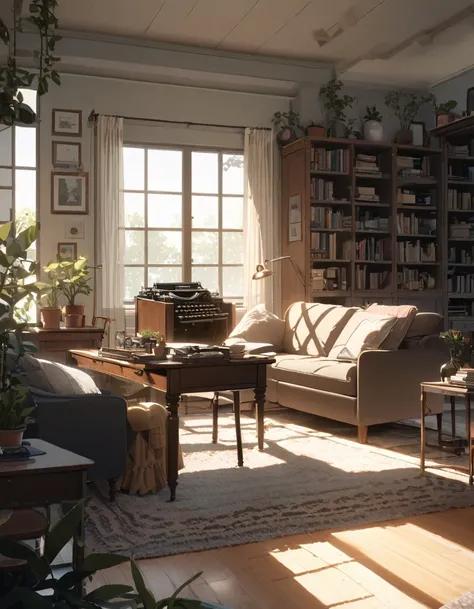 living room, Sofa, window, curtain, Speckled sunlight, Potted plants, table, [cabinet,Bookshelf, paper, Desk lamp, Typewriter, Sofaに座っている女の子