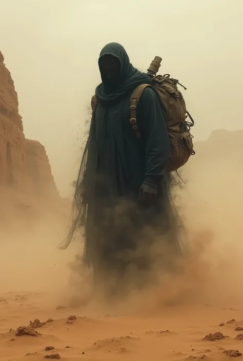  a black entity walking through a desert storm with a backpack as he slowly fades away with the dust