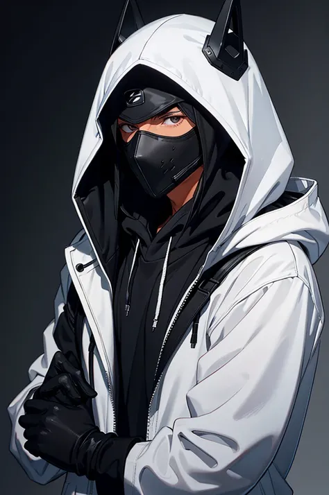 
a character in a black mask that covers the mouth, nose and eyes, in a white hoodie and black gloves