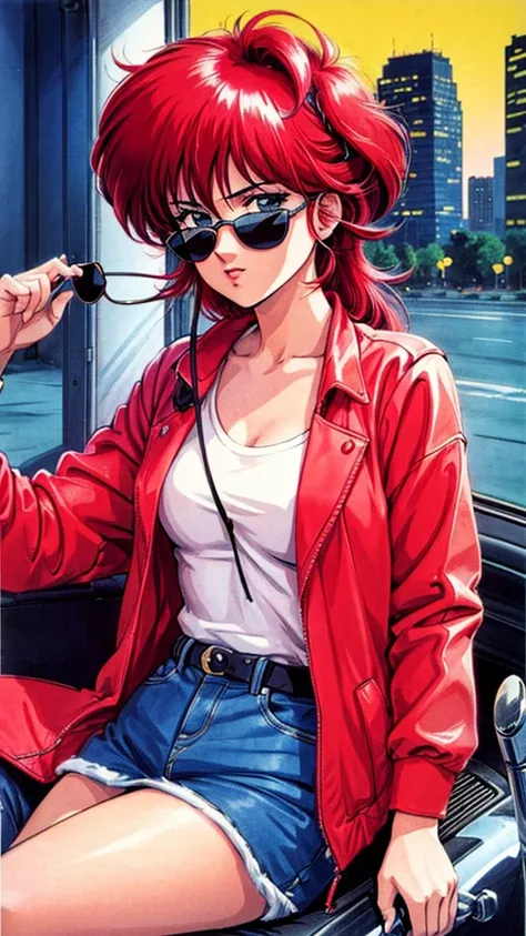 Create an anime-style image of a woman driving a car in an 80s city pop fashion. The woman is seated in the drivers seat, looking forward while holding the steering wheel. She is dressed in 80s fashion, wearing large sunglasses and retro clothing. Use vivi...