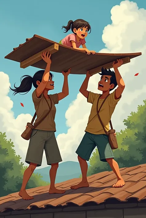 Mother and father struggling to lift a roof for their daughter on top of the roof to achieve goals