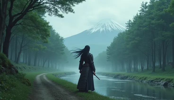 In the shadow of Mount Fuji, the trees that lined the dirt roads of a small village. A river beside it, its gentle hum a song of peace. Amidst this serene beauty, a lone figure stood at the edge of the forest—Lady Mitsuko, a samurai warrior, big breast siz...