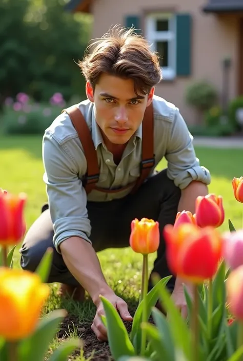 Beautiful young man with brown hair and green or blue eyes of European nationality planting flowers and tulips in a garden in the yard of his house 