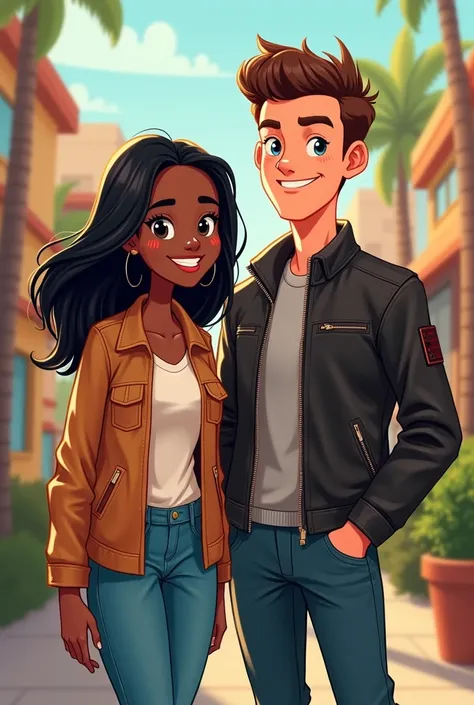 Young dark skinned black woman with medium straight black hair and next to her white blond man with blue eyes wearing leather jacket smiling cartoon image  