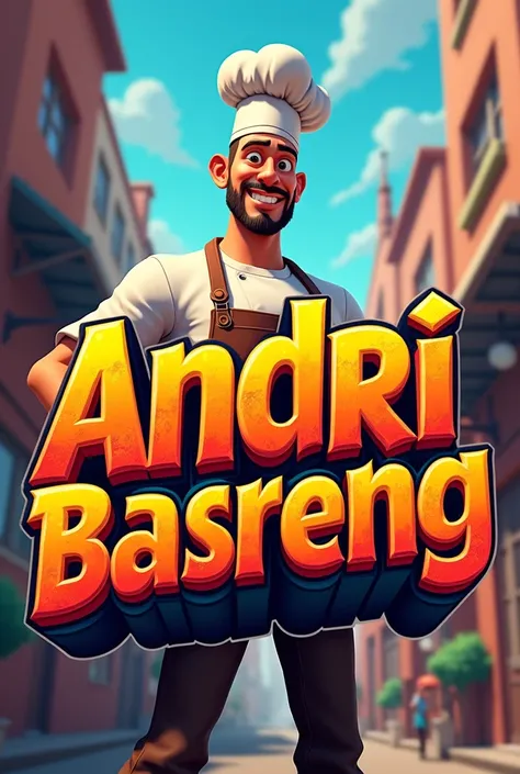 The 3D name uses bold graffiti letters in bright colors with shadows on the letters, with an animated background of a young male chef, with the name (Andri Basreng)