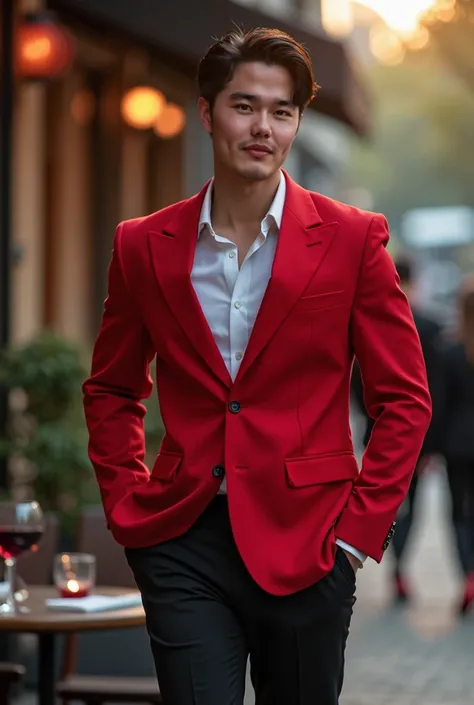 Korean male model going out for dinner (Classic Red Jacket: 1.2), (Classic Red Shoes: 1. 2), (Black Narrow Fabric Trousers: 1), wearing nothing inside the jacket and showing his muscles, minimal (high detail skin), 16K, UHD, Daylight extremely Soft and Bea...