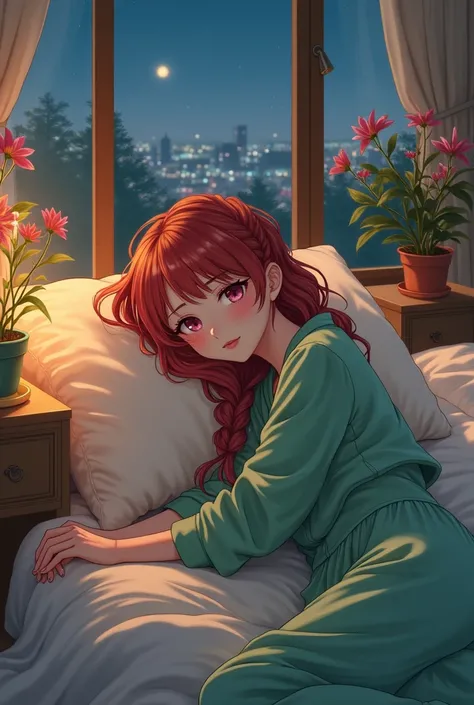 An anime drawing of a beautiful, stunning and sexy woman with reddish braided hair. colorful lighting, beautifully detailed eyes, closed eyes, long eyelashes, beautifully detailed lips, brown hair, sleeping girl, closed voice. dreamy atmosphere, soft pillo...