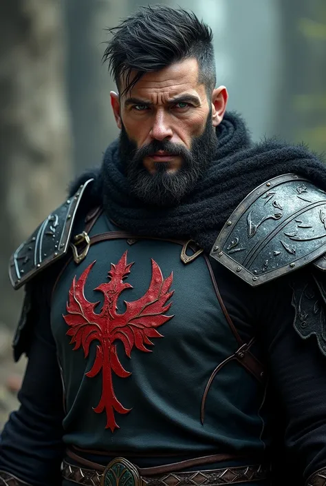 adult man, short beard, messy black hair with bright blue eyes, and high. He wears black armor with a red dragon symbol on his chest.. masculine. gothic and realistic aesthetics