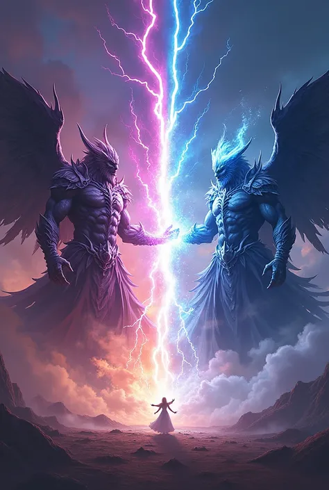 ((best quality)), ((masterpiece)), ((detailed)), ((high definition)), a war between gods, divided into two sides darkness VS light, In anime style. The dark gods on the right side and the light gods on the left side. epic fight, Colorful magic, from imposi...