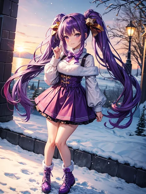 Super detailed, high detail, high quality, 1 girl, Gradient purple hair, long twintails, Wearing star hair accessories, Full body photo, winter clothing, Christmas