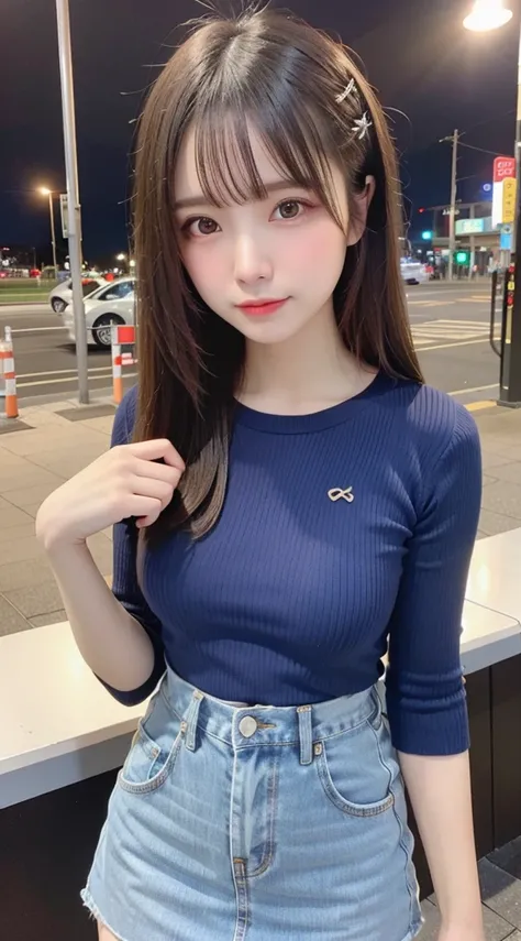 beautiful girl, very beautiful detailed face, Laugh shyly, Deep Valley), (She is wearing a ribbed knit t-shirt and a denim mini skirt showing off her thighs.、Standing sideways towards the viewer and looking somewhere:1.3), (Large Breasts.), (Tight clothing...