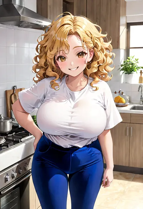 40-year-old Woman Fat girl Blond curly hair Velvet pants White shirt Kitchen Smile