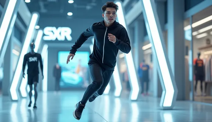 (photorealism:1.2): A realistic, handsome young K-pop idol-looking artificial intelligence with the LED SXR logo and full body runs in the air. A male mannequin displays the sports shops SXR logo on the background and is wearing a gym SXR logo. The environ...