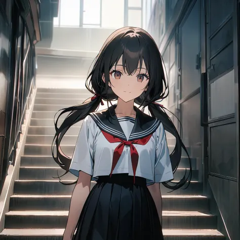 High resolution, 8k, best quality, masterpiece, ultra detailed, anatomically correct, anime,
1 girl, standing in stair,
She has very long low twintails with red ribbon, very long low pigtails, black hair, dark brown eye,
light smile,
BREAK
(white serafuku,...