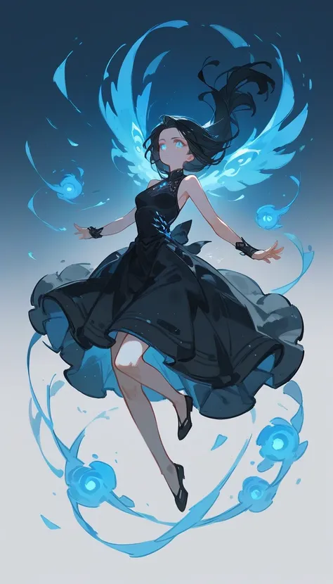 1 girl, solo, medium breast, long black hair, blue eyes, black dress, sketch, fullbody, soul magic, glowing soul bunnies and soul birds around, floating