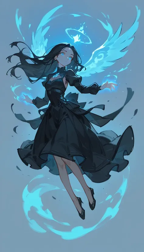 1 girl, solo, medium breast, long black hair, blue eyes, black dress, sketch, fullbody, soul magic, glowing soul bunnies and sou...