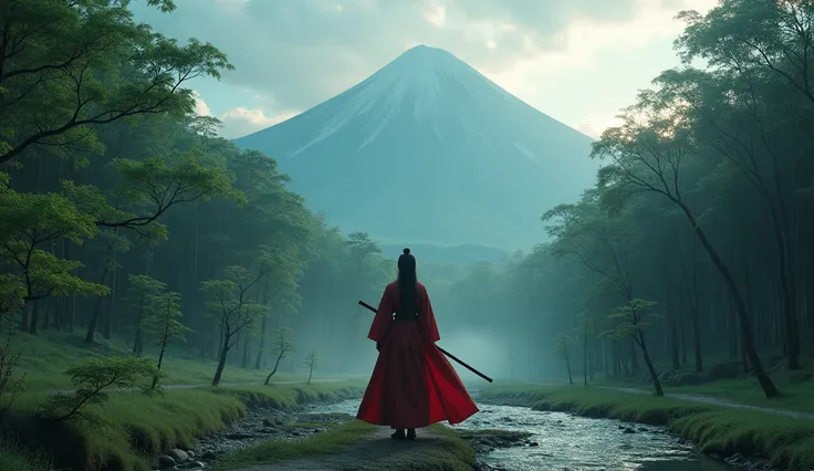 In the shadow of Mount Fuji, the trees that lined the dirt roads of a small village. A river beside it, its gentle hum a song of peace. Amidst this serene beauty, a lone figure stood at the edge of the forest—Lady Mitsuko, a samurai warrior, big breast siz...