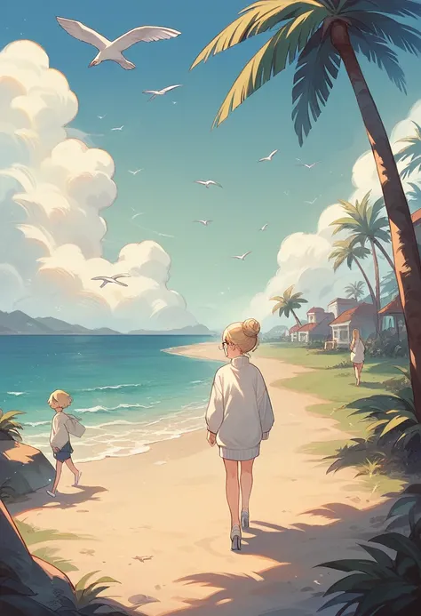 beautiful blonde hair in a bun woman black rim glasses white sweater no pants silver heels on a small island, Palm trees, blue skies, sand, little village with a few people walking around. Seagulls in the sky