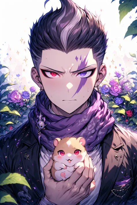 absurdres, highres, ultra detailed, HDR, master piece, Tanaka Gundham, black hair, Heterochromia, expressive gray left eye, right red eye, black long coat, purple scarf, white shirt, sexy man holding a hamster, best quality, Danganronpa 2, solo, fantasy, m...